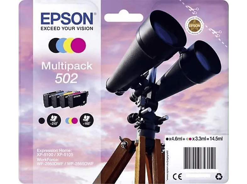 Cartucho de tinta - Epson 502, 3.3ml, 4.6ml, 210 páginas, 165 Negro, Cian, Magenta, Amarillo