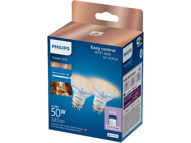 Bombilla Inteligente - Philips Smart LED, LED GU10, 8.5W, 345lm, Blanco Regulable, Wi-Fi+Bluetooth, Control App+Voz, SpaceSense, 2 bombillas