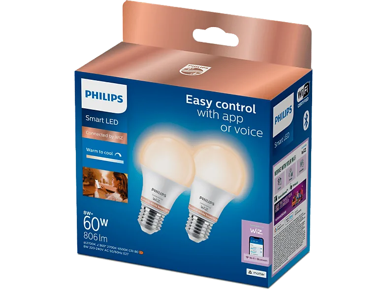 Bombilla LED Inteligente - Philips Smart LED, E27, 8.5W, 806 lm, Blanco Regulable, Wi-Fi+BT, Control App+Voz, SpaceSense, 2 bombillas