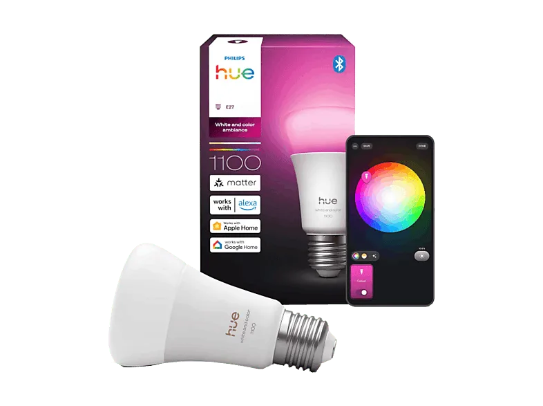 Bombilla inteligente - Philips White and Color Ambiance 1100, E27, 8W, Bluetooth, Compatible con matter, Alexa, Apple Home y Google Home, Blanco