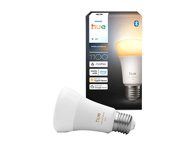 Bombilla inteligente - Philips White Ambiance 1100, E27, 8W, Bluetooth, Compatible con matter, Alexa, Apple Home y Google Home, Blanco