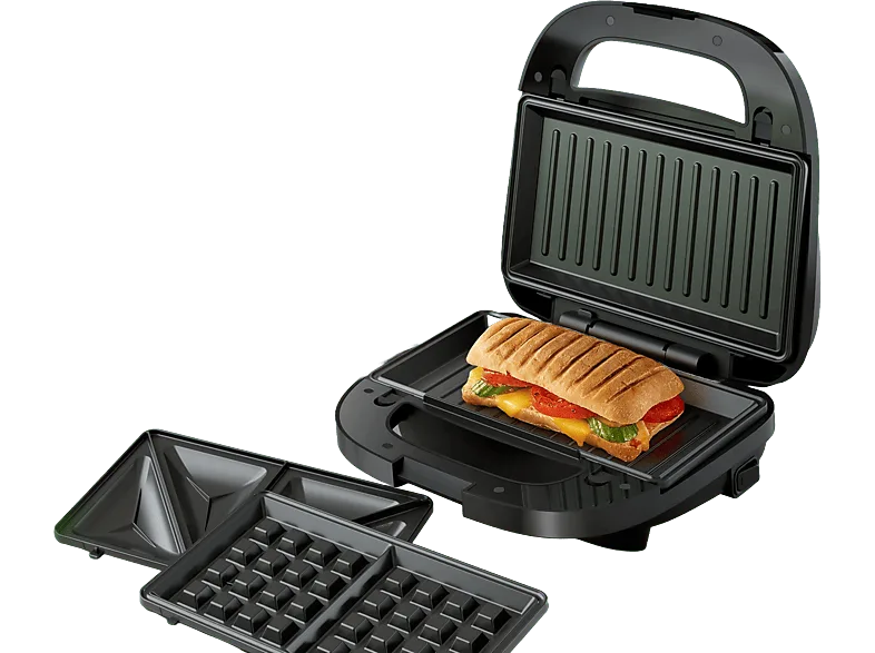 Sandwichera - Philips HD2350/80, 3 en 1, 750 W, 2 sandwiches, Acero inoxidable, placas intercambiables, Negro