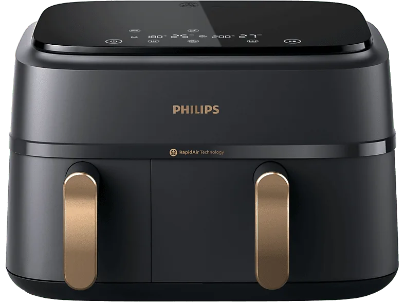 Freidora de aire - Philips Airfryer NA352/00, Doble cesta, 6 L y 3 L, 2.750 W, Tecnología Exclusiva RApidAir, Negro dorado