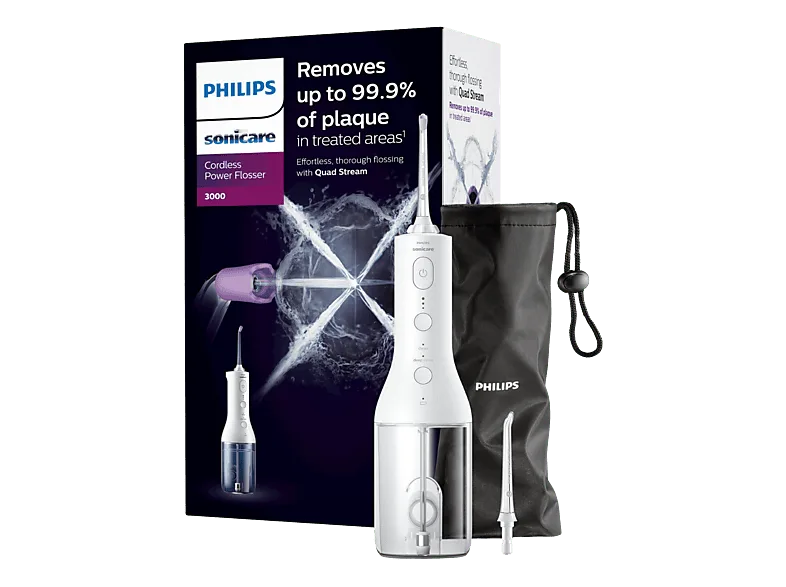Irrigador - Philips HX3826/31, Tecnología Quad Stream, PulseWave, 2 modos 3 intensidades, Blanco