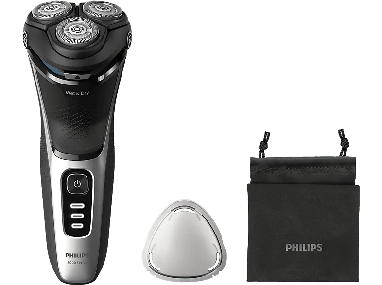Afeitadora - Philips S3000 S3241/12, eléctrica, Seco y mojado, 60 min , Funda de viaje, Cortapatillas, Gris espacial