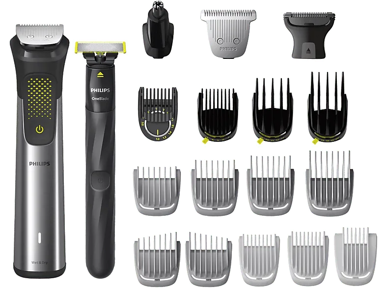 Afeitadora multifunción - Philips S9000 MG9555/15, One Blade incluida, Recortadora 20 en 1, barba, cuerpo y pelo, seco mojado, 120 min