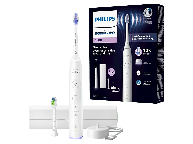 Cepillo eléctrico - Philips Sonicare 6500 HX7410/02, App, Tecnología sónica, Sensor de presión, 3 modos, intensidades, Blanco