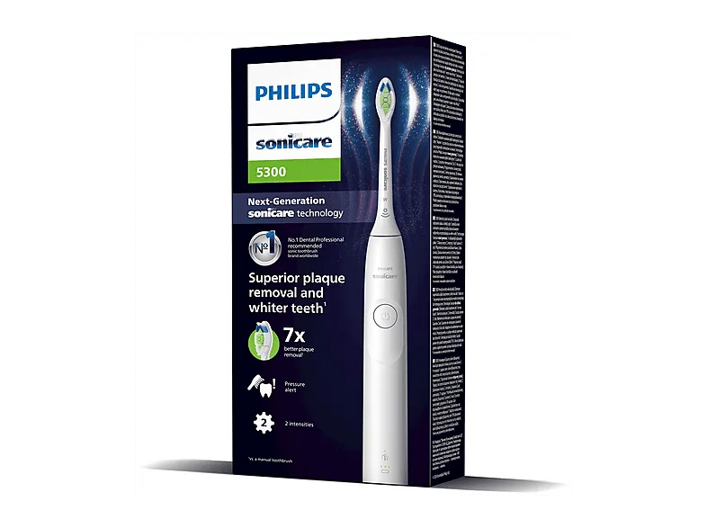 Cepillo eléctrico - Philips Sonicare HX7108/01 Serie 5300, Autonomía de 21 días, Tecnología sónica, Sensor presión, 2 velocidades, blanco