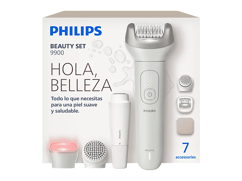 Depiladora - Philips BRE738/00, Set belleza 9900 Series, 7 accesorios, SkinLED, ProGuide 360°, Exfoliación, Impermeable, 60 min batería