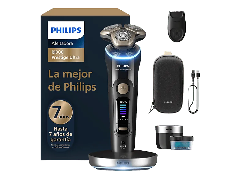 Afeitadora - Philips i9000 Prestige Ultra XP9400/31, SkinIQ Pro, Levanta y Corta, 5 modos, 60 min, Recortador Precisión, 7 años garantía, Negro