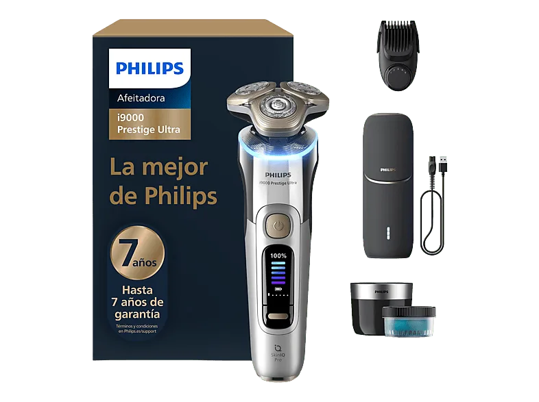 Afeitadora - Philips i9000 Prestige Ultra XP9404/46, SkinIQ Pro, Levanta y Corta, 5 modos, 60 min, Moldeador Barba, Cargador UV, 7 años, Plateado