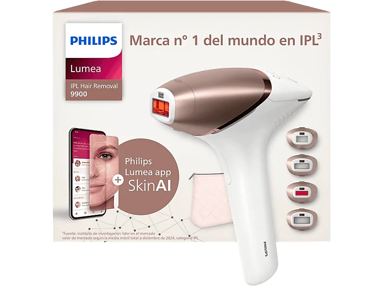 Depiladora IPL - Philips Lumea S9900 BRI951/01, Luz Pulsada en Casa, Con SkinIA y app, Uso Sin Cable, 4 cabezales, Sensor de Piel Inteligente