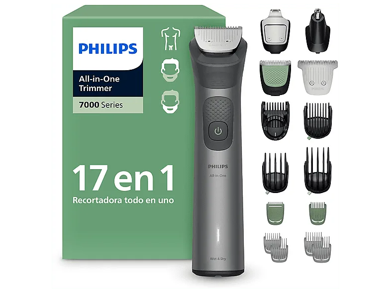 Afeitadora corporal - Philips All in One S7000 MG7951/15, Recortador 17 en 1, Precisión 0,2 mm, BeardSense, Autoafilable, 120min, Uso Seco/Mojado