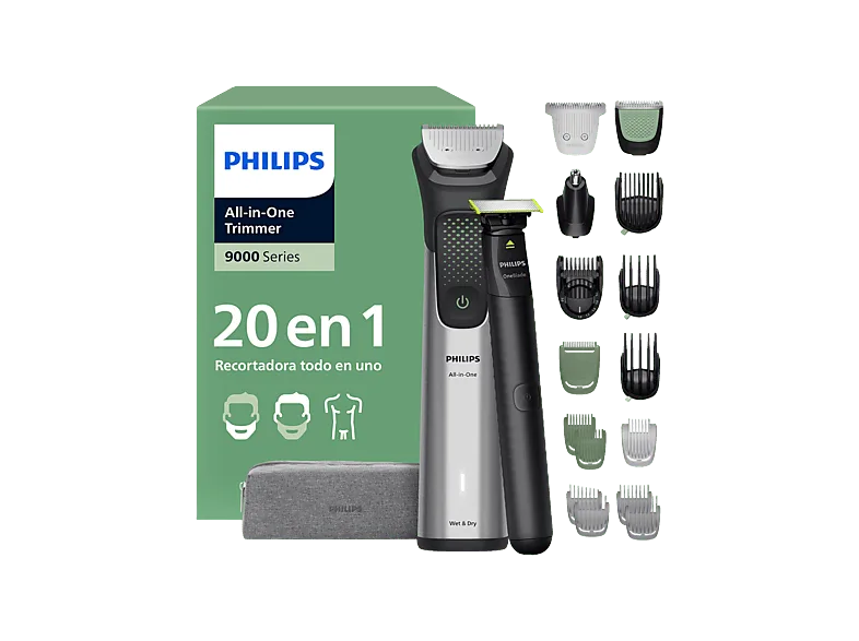 Afeitadora corporal - Philips MG9558/15, 20 Accesorios, 120 min Autonomía, Cara, Cabeza y Cuerpo, Peine-guía de precisión alta calidad, Gris