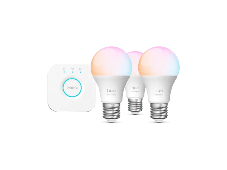 Bombilla Inteligente - Hue Essentials Kit Bombillas LED E27, 806 lm, RGB, Matter, Compatible Alexa, Google, AppleHomekit, 3 bombillas + Bridge
