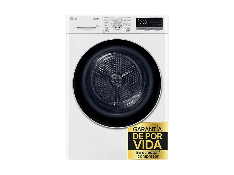 Secadora bomba de calor - LG RH90V9AV3N, 9 kg, 14 programas, Eco Hybrid™, ThinQ™, Blanco