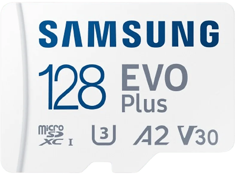 Tarjeta Micro SDXC - Samsung Evo Plus MB-MC128S, 128GB, Clase 3, V30. UHS-I, Lectura 160 MB/s, Blanco