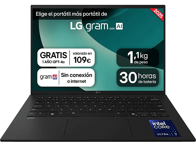 Portátil - LG 14Z90T-G.AD8BB, 14" WUXGA, Intel® Core™ Ultra 7-255H, 32 GB RAM, 2 TB SSD, Arc™ GPU, W11H, Negro