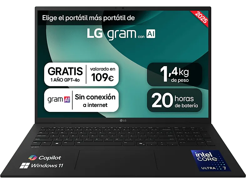 Portátil - LG 17Z90T-G.AD8BB, 17" WQXGA, Intel® Evo™ Edition Core™ Ultra 7-255H, 32 GB RAM, 1 TB SSD, Arc™ GPU, W11H