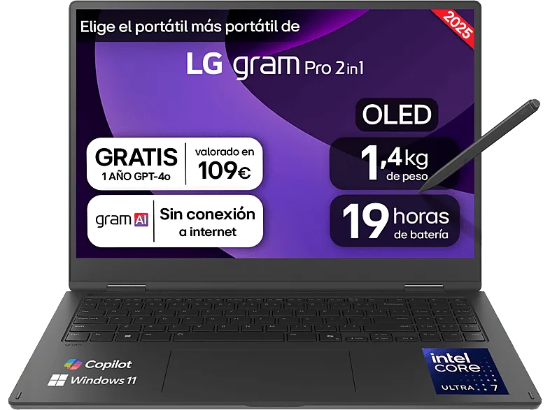 Portátil - LG 16T90TP-K.AD88B, 16" WQXGA+, Intel® Evo™ Edition Core™ Ultra 7-255H, 32 GB RAM, 1 TB SSD, Arc™ GPU, W11H