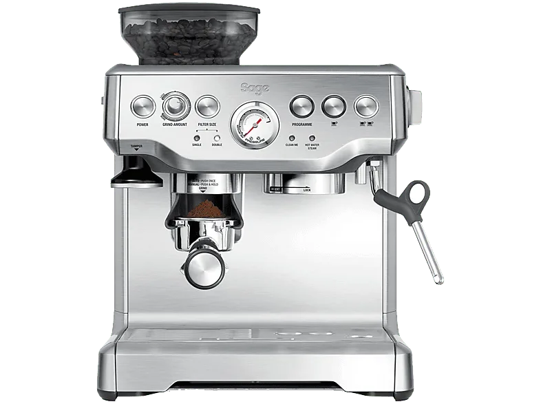 Cafetera express - Sage SES875BSS2EEU1A Barista, 15 bar, 1850 W, 2 tazas, Sistema ThermoJet, Inox